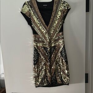Express Black and Gold Sequin Mini Dress